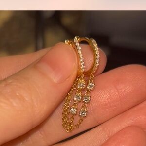 14k solid yellow gold dangling diamond chain hoop earrings